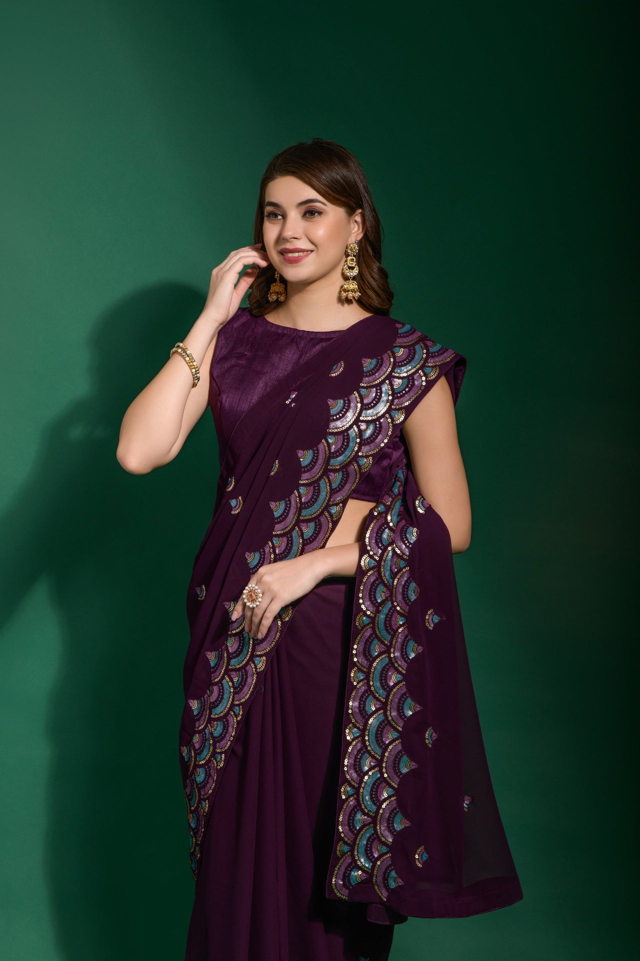 NOZ2TOZ Women Party Wear Designer Purple Colour Heavy Georgette Fabric Sequence Embroidery Worked Saree - Distacart