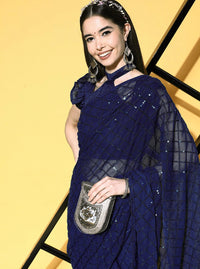 Thumbnail for NOZ2TOZ Women Party Wear Designer Blue Colour Soft Georgette Fabric Sequence Embroidery Woked Saree - Distacart