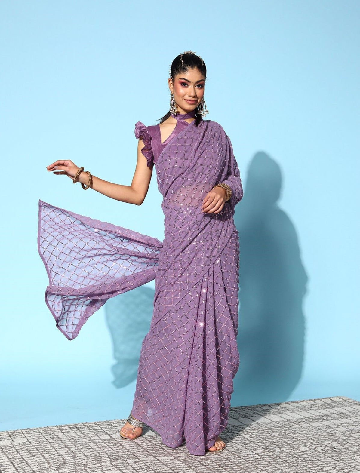 NOZ2TOZ Women Party Wear Designer Purple Colour Soft Georgette Fabric Sequence Embroidery Worked Saree - Distacart