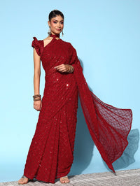 Thumbnail for NOZ2TOZ Women Party Wear Designer Red Colour Soft Georgette Fabric Sequence Embroidery Worked Saree - Distacart