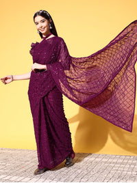 Thumbnail for NOZ2TOZ Women Party Wear Designer Wine Colour Soft Georgette Fabric Sequence Embroidery Worked Saree - Distacart