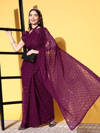 Thumbnail for NOZ2TOZ Women Party Wear Designer Wine Colour Soft Georgette Fabric Sequence Embroidery Worked Saree - Distacart