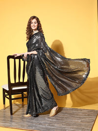 Thumbnail for NOZ2TOZ Women Party Wear Designer Black Colour Heavy Georgette Fabric Sequence Embroidery Worked Saree - Distacart