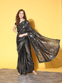 Thumbnail for NOZ2TOZ Women Party Wear Designer Black Colour Heavy Georgette Fabric Sequence Embroidery Worked Saree - Distacart