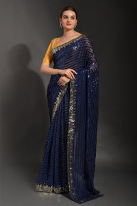 Thumbnail for NOZ2TOZ Women Party Wear Designer Blue Colour Soft Georgette Fabric Sequence Embroidery Worked Saree - Distacart