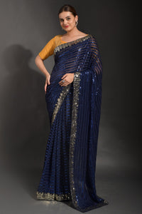 Thumbnail for NOZ2TOZ Women Party Wear Designer Blue Colour Soft Georgette Fabric Sequence Embroidery Worked Saree - Distacart