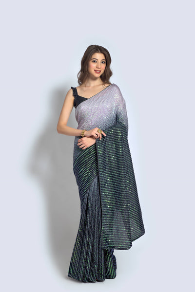 NOZ2TOZ Women Party Wear Designer Black & Off white Colour Vichitra Silk Fabric Sequence Embroidery Worked Saree - Distacart