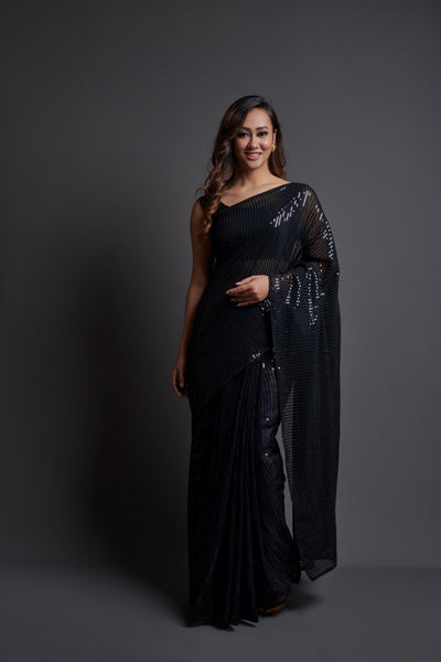 NOZ2TOZ Women Party Wear Designer Black Colour Heavy Georgette Fabric Sequence Embroidery Worked Saree - Distacart