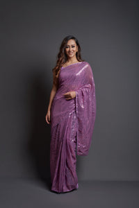 Thumbnail for NOZ2TOZ Women Party Wear Designer Wine Colour Heavy Georgette Fabric Sequence Embroidery Worked Saree - Distacart