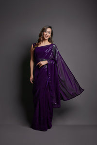 Thumbnail for NOZ2TOZ Women Party Wear Designer Purple Colour Heavy Georgette Fabric Sequence Embroidery Worked Saree - Distacart