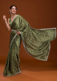 Thumbnail for NOZ2TOZ Women Party Wear Designer Green Colour Satin Fabric Bandhani Printed with Sequence Worked Lace Border - Distacart