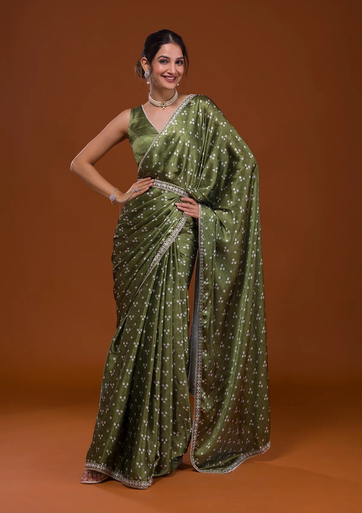 NOZ2TOZ Women Party Wear Designer Green Colour Satin Fabric Bandhani Printed with Sequence Worked Lace Border - Distacart
