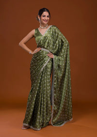 Thumbnail for NOZ2TOZ Women Party Wear Designer Green Colour Satin Fabric Bandhani Printed with Sequence Worked Lace Border - Distacart