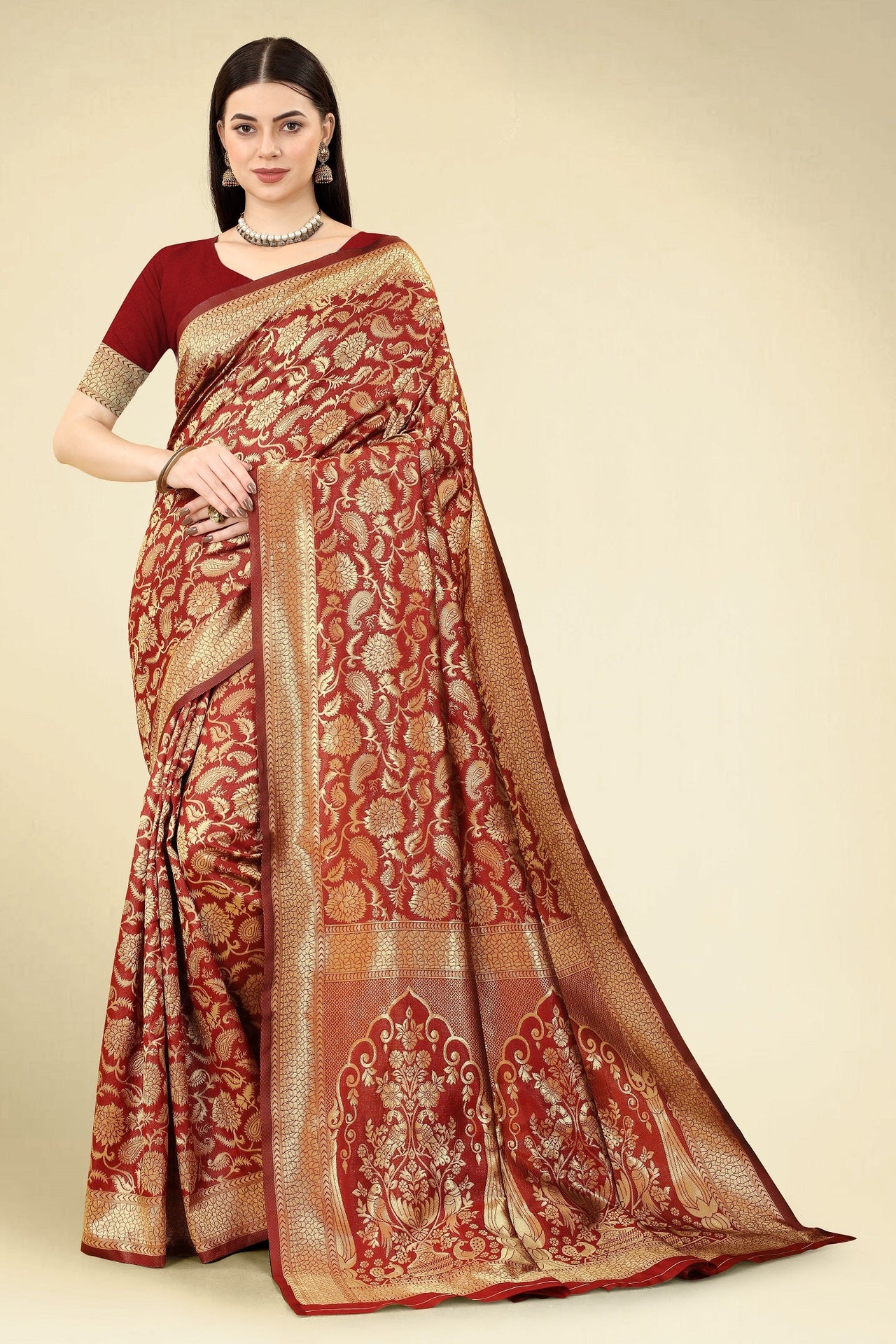 NOZ2TOZ Women Party Wear Designer Maroon Colour Banarasi Silk Saree - Distacart