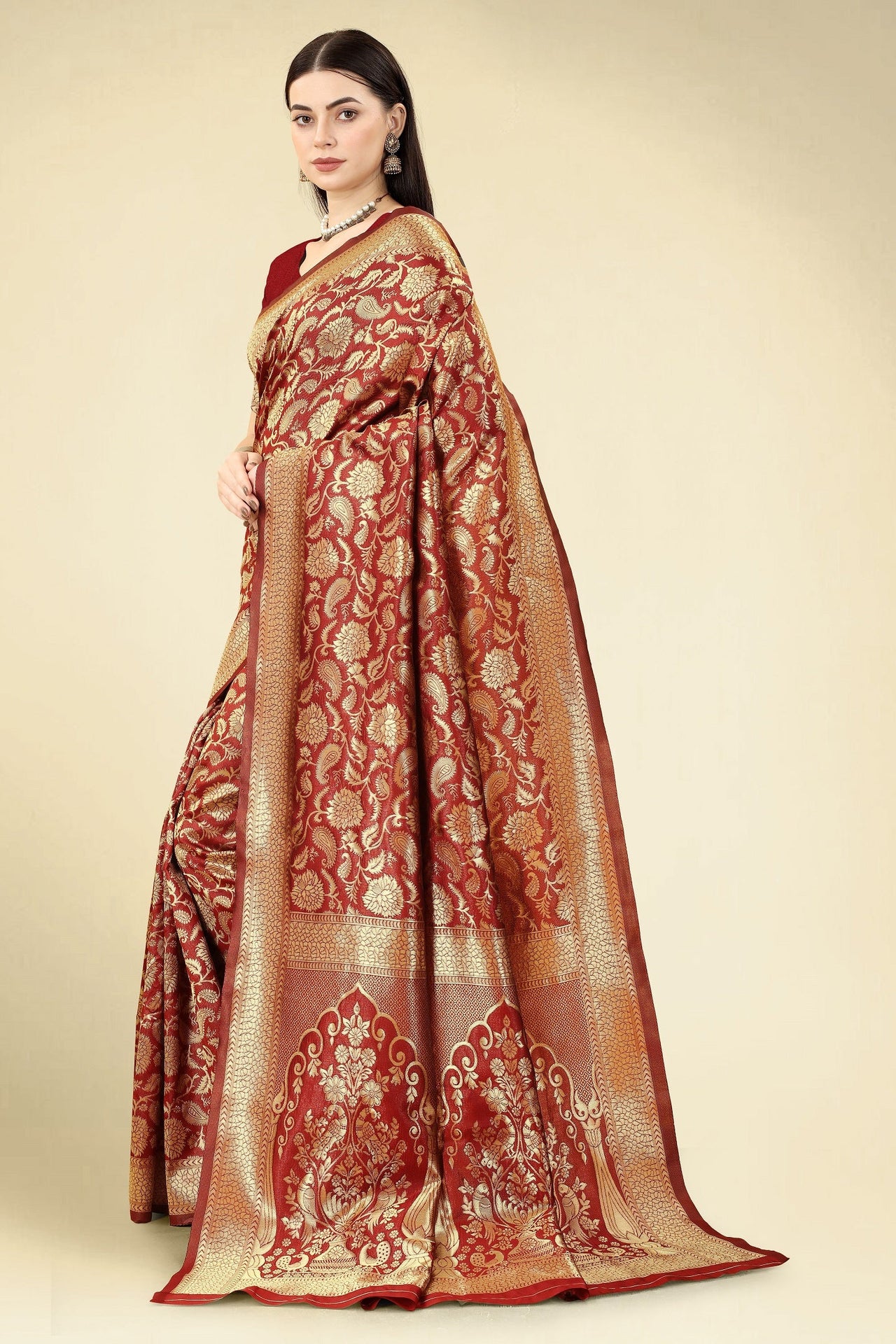 NOZ2TOZ Women Party Wear Designer Maroon Colour Banarasi Silk Saree - Distacart