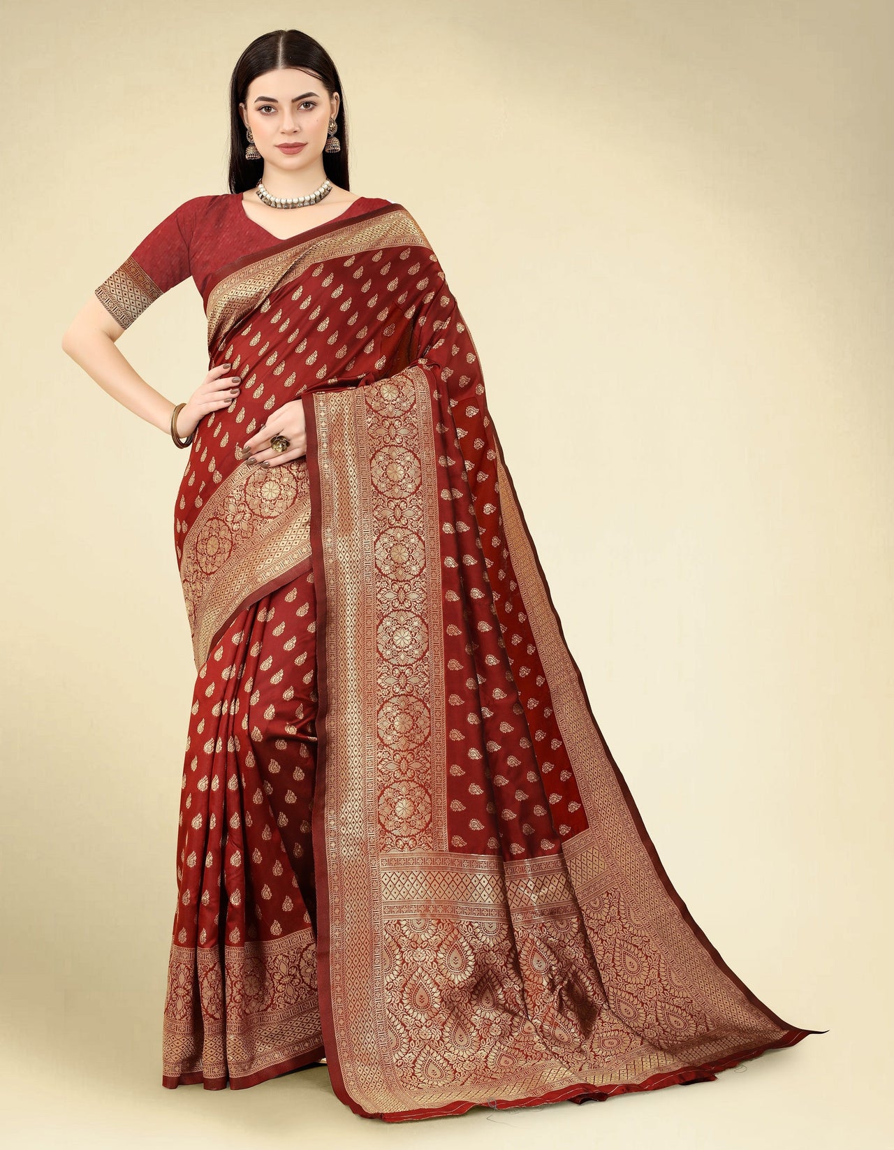 NOZ2TOZ Women Party Wear Designer Maroon Colour Banarasi Silk Saree - Distacart