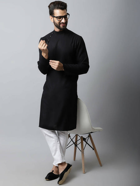 Even Apparels Black Color Linen Linen Men's Kurta With Side Placket (LN761) - Distacart