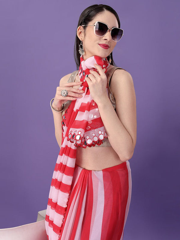 Malishka Women's Multi Colour Printed Mirrow Work Georgette Saree With Unstitched Blouse - Distacart