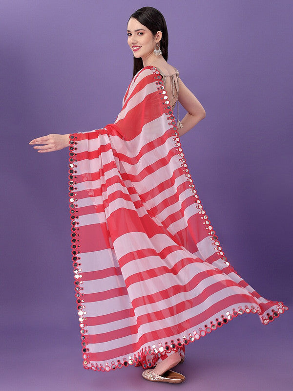 Malishka Women's Multi Colour Printed Mirrow Work Georgette Saree With Unstitched Blouse - Distacart