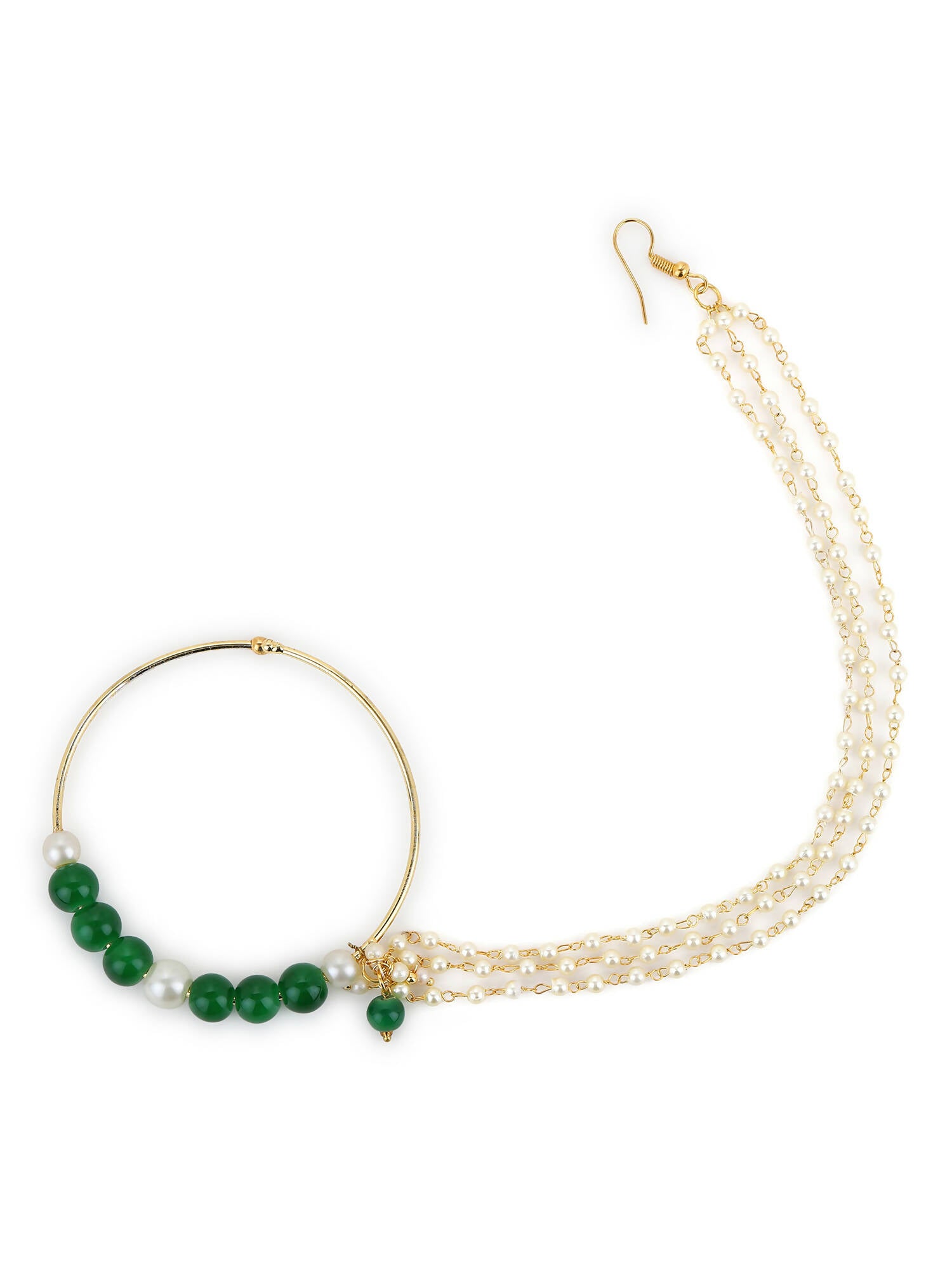 Gold-Plated White Green Stone-Studded Pearl Beaded Nosepin - Ruby Raang - Distacart
