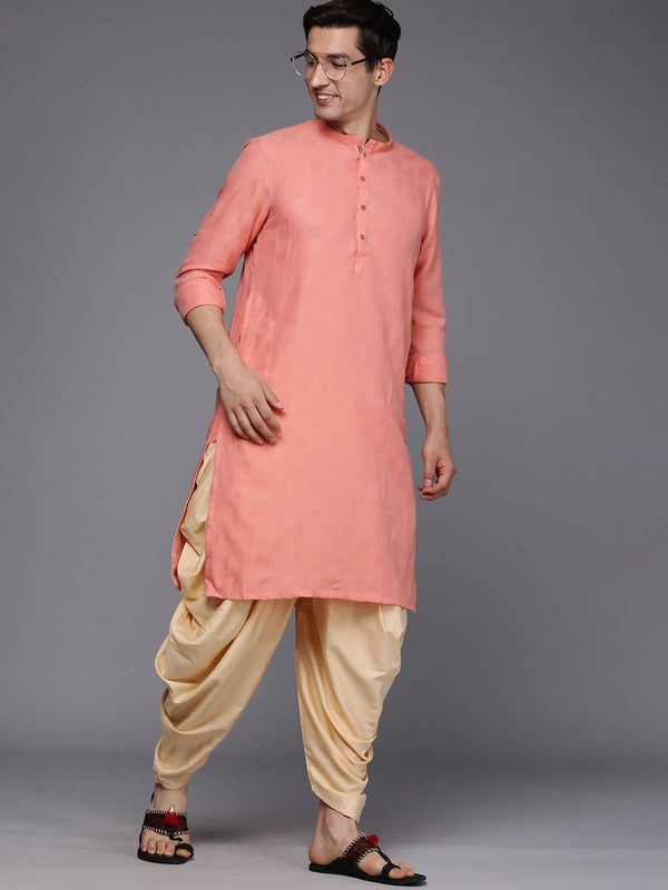 Manyavar Men Peach-Coloured Mandarin Collar Self Design Kurta - Distacart