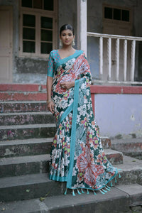 Thumbnail for Vishnu Weaves Women's Green Cotton Silk Printed Saree with Blouse - Distacart