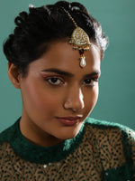 Thumbnail for Gold-Plated White Green Kundan-Studded Pearl Beaded Maang Tikka - Ruby Raang - Distacart