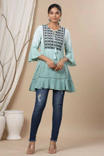 Thumbnail for Juniper Sage Green Rayon Festive Embroidered Tiered Tunic For Women - Distacart