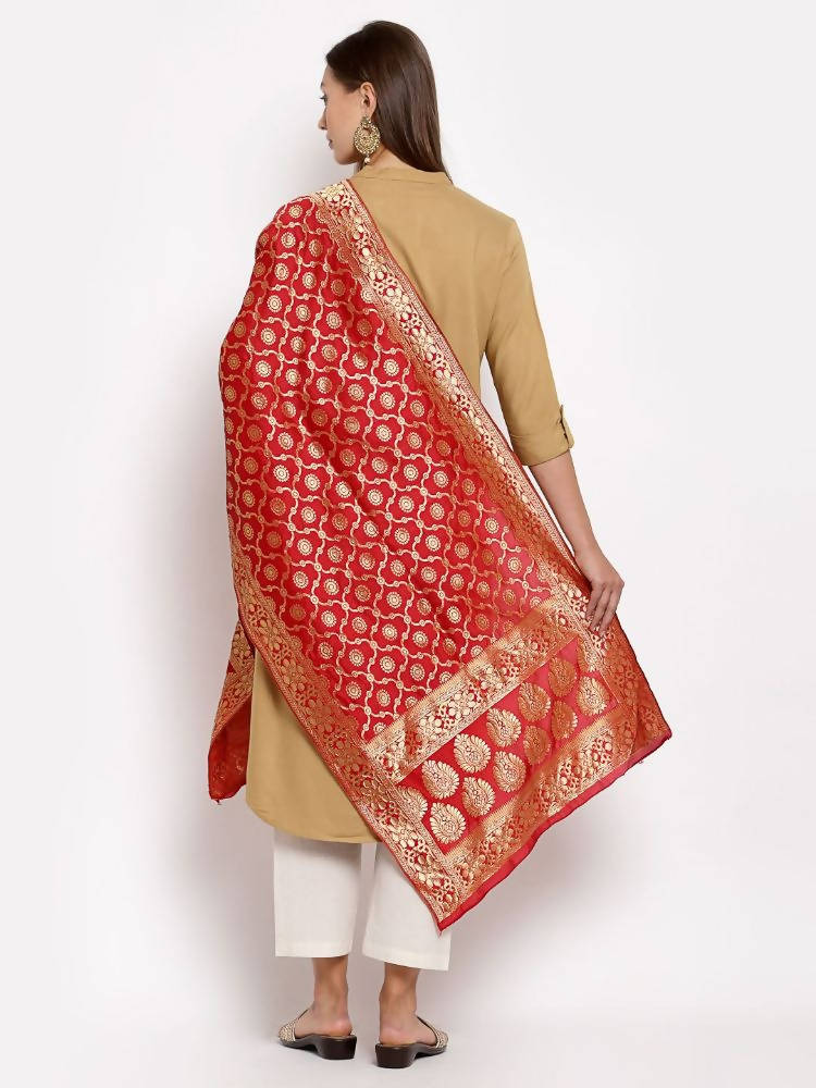 Myshka Women's Red Silk Print Casual Dupatta