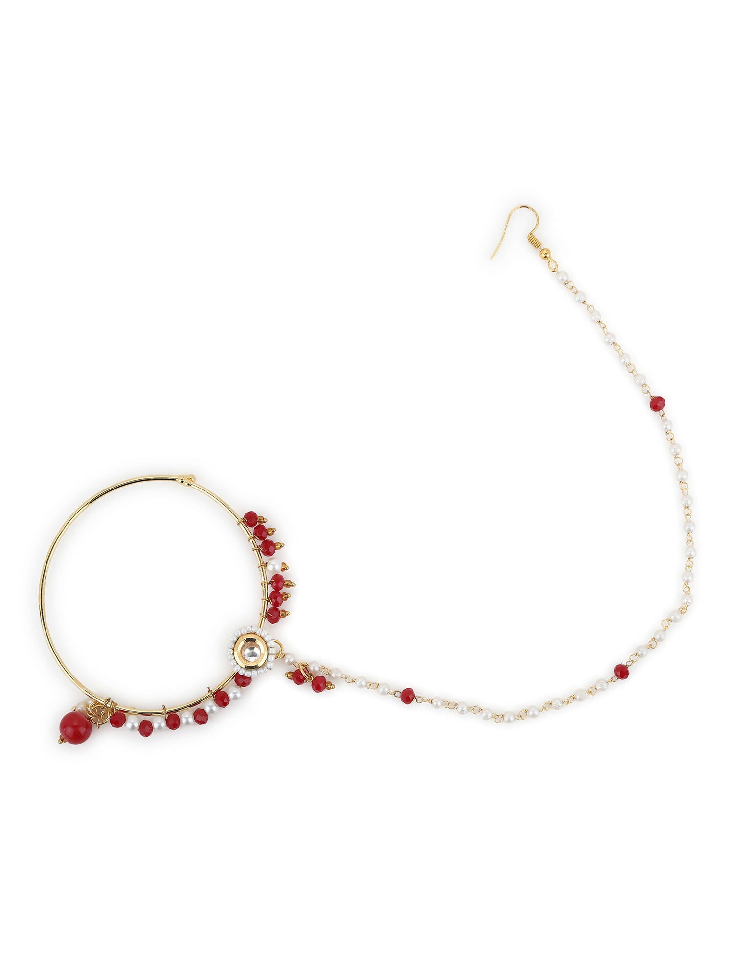 White Red Gold-Plated Kundan-Studded Beaded Nosepin - Ruby Raang - Distacart