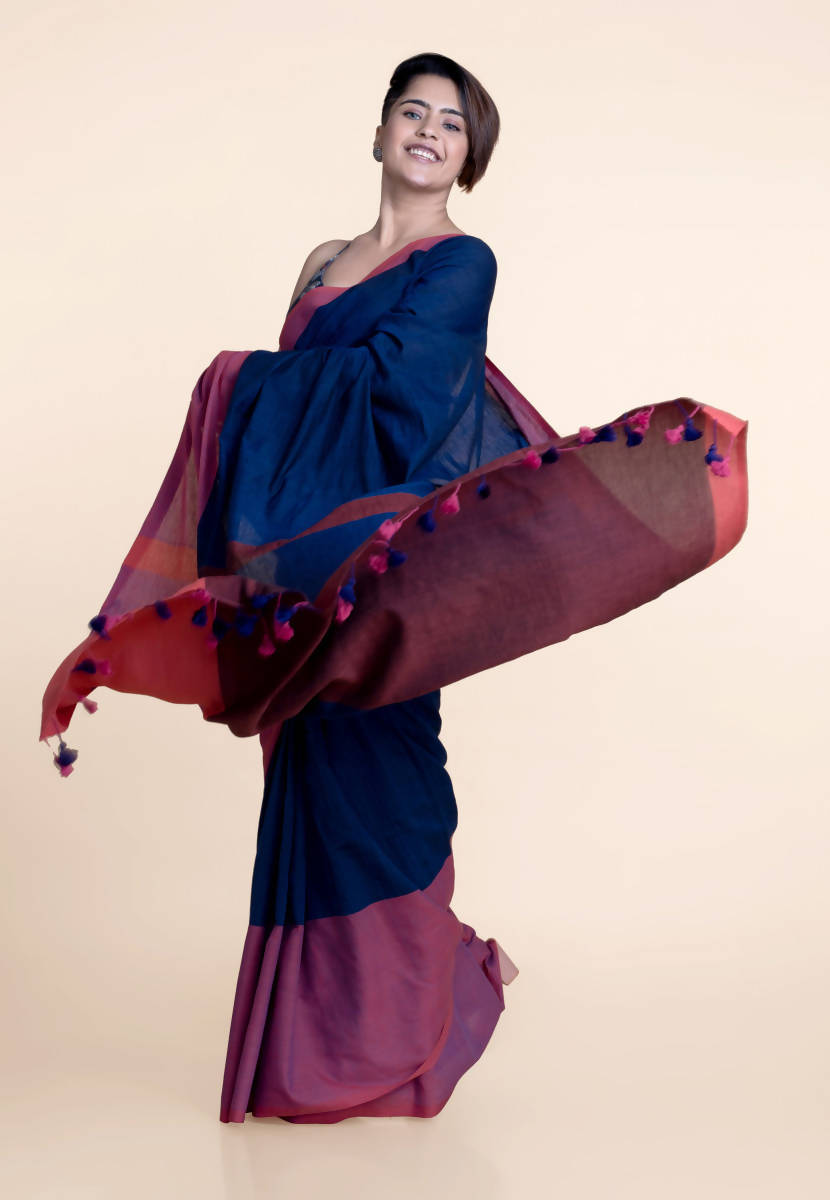 Suta Navy Blue Pink Colourblocked Mul Saree - Distacart