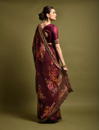 Thumbnail for Malishka Women's Wine Georgette Chiffon Floral Print & Embroidery Saree With Blouse Piece - Distacart