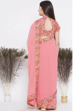 Thumbnail for Little Bansi Floral Print Ready To Wear Saree And Floral Blouse - Coral - Distacart