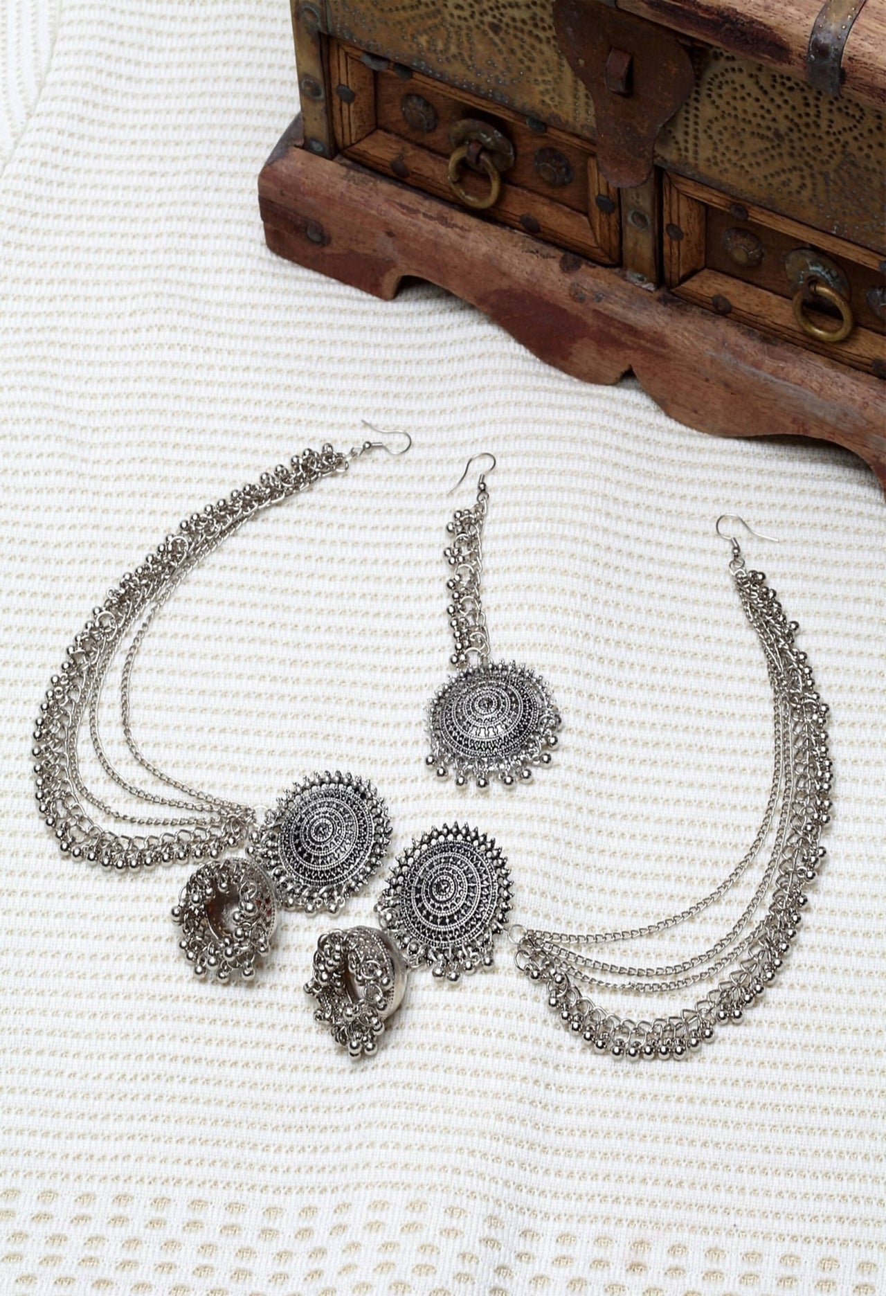 Mominos Fashion Johar Kamal Bahubali Silver Colour Earrings With Tikka - Distacart