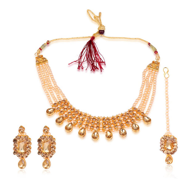 Tehzeeb Creations Golden Plated Necklace With Stone And Pearl Studded