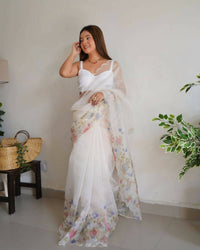 Thumbnail for Vamsee White Organza Saree - Distacart