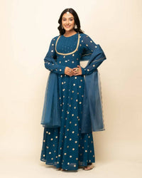 Thumbnail for FIORRA Women's Teal Blue Georgette Anarkali Kurta With Dupatta - Distacart