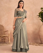 Thumbnail for Green Satin Embroidered Ready To Wear Saree With Unstitched Blouse Piece - Nandika - Distacart