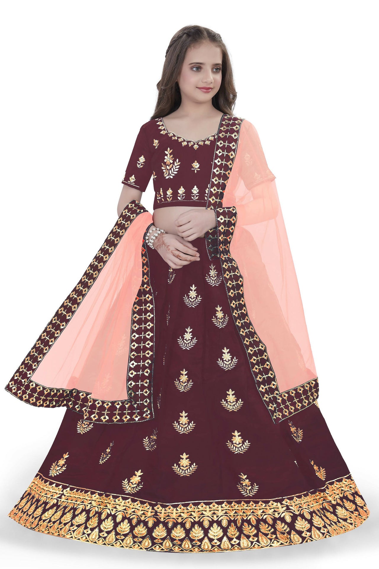 Dwiden Maroon Kamal Tafetta Sattin Semi-Stitched Girl's Lehenga Choli - Distacart