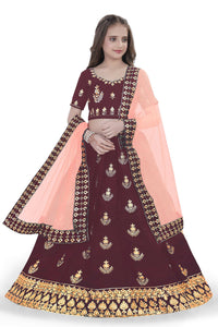 Thumbnail for Dwiden Maroon Kamal Tafetta Sattin Semi-Stitched Girl's Lehenga Choli - Distacart