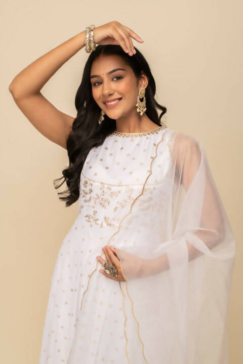 FIORRA Women's White Georgette Anarkali Kurta With Dupatta - Distacart