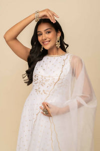 Thumbnail for FIORRA Women's White Georgette Anarkali Kurta With Dupatta - Distacart