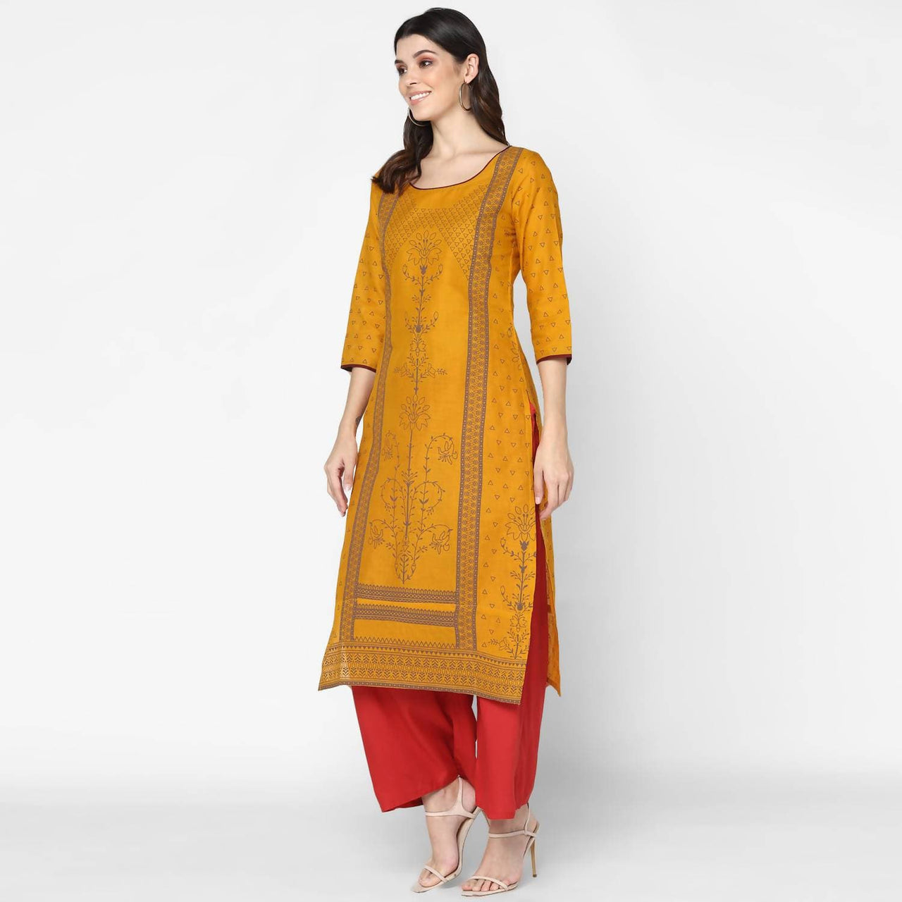 Cheera Hand Block Print Mustard Straight Kurta (MAAI-045K)