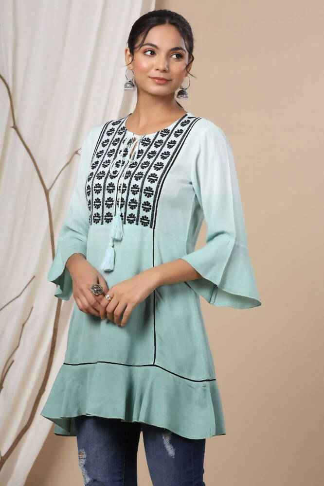 Juniper Sage Green Rayon Festive Embroidered Tiered Tunic For Women - Distacart