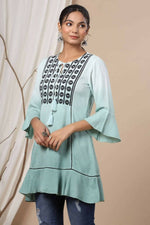 Thumbnail for Juniper Sage Green Rayon Festive Embroidered Tiered Tunic For Women - Distacart