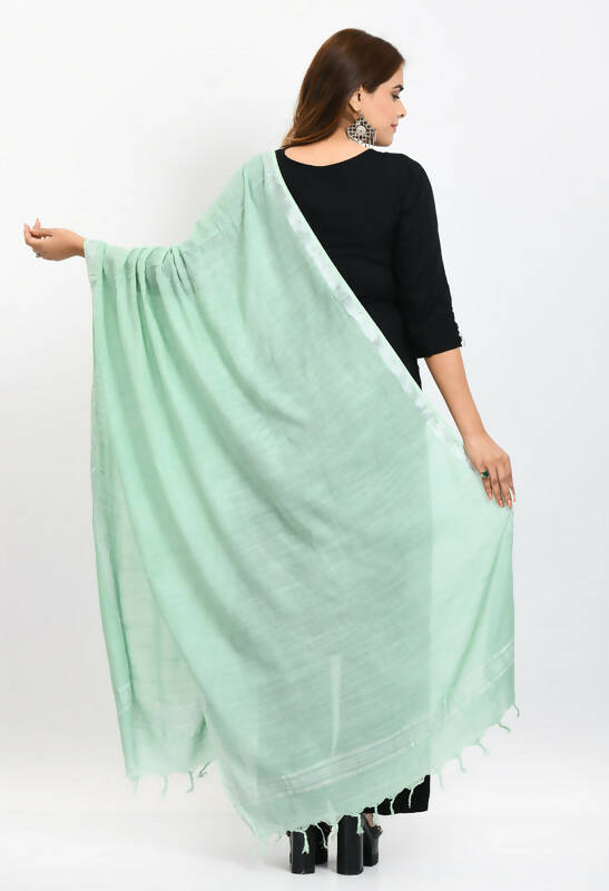 Mominos Fashion Moeza Women's Linen Cotton Silver Border Pista Green Dupatta - Distacart