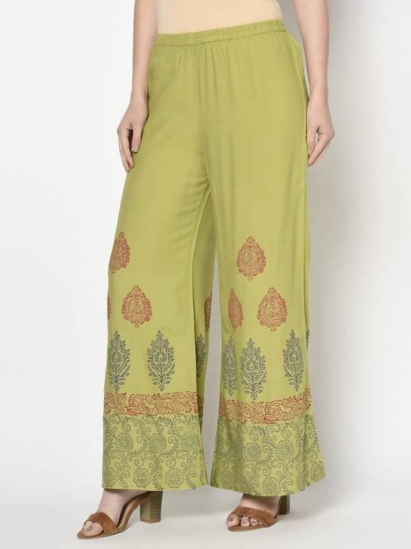 Aniyah Rayon Parrot Green Color Block Print Flared Slip-On Palazzo (AN-196K)