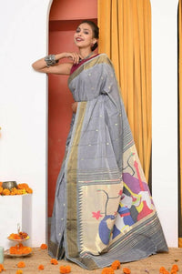 Thumbnail for Very Much Indian Handloom Grey Cotton Paithani With Radha Krishna Pallu - Distacart