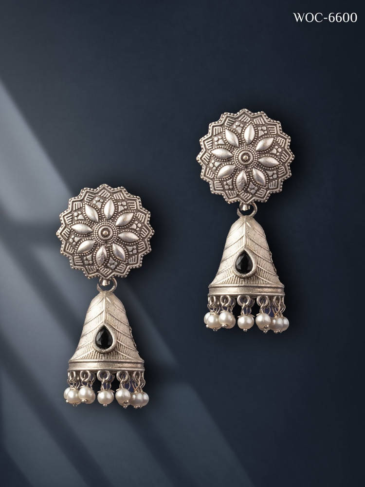 Mominos Fashion Johar Kamal Silver Bell Stone Jhumka