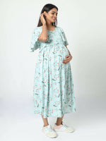 Thumbnail for Manet Frill With Sleeve Maternity Dress Floral Print With Concealed Zipper Nursing Access - Green - Distacart
